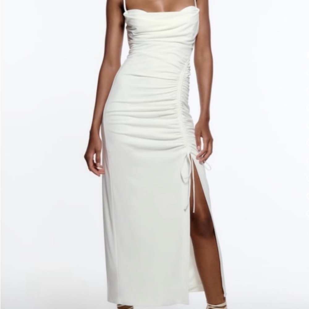 Zara White Rushed Midi Dress, Size M